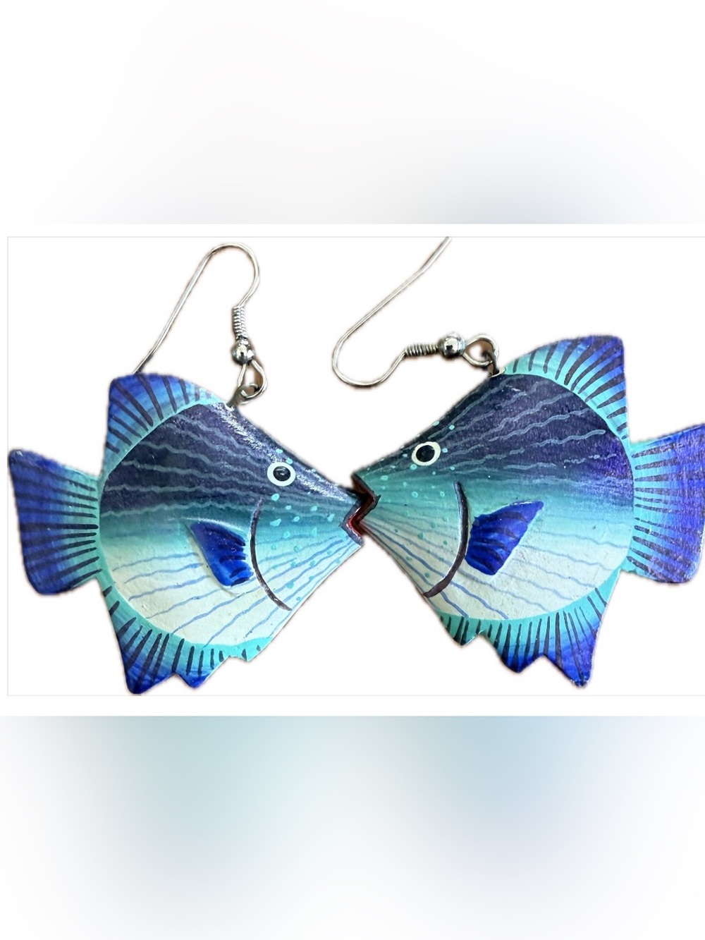 Handcrafted Painted Blue-Green Fish Dangle Earrings - Nautical Pet Fish Theme